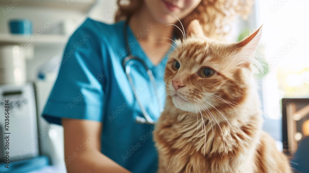 Ginger cat being examined by professional veterinarian in vet clinic in cropped horizontal view. Pet health care, veterinary and animals concept.