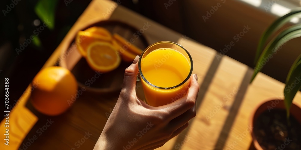 A woman hand holding a glass of orange juice first person view. Freshly orange juice rich in vitamin C for healthy life A woman hand holding a glass of orange juice first person view. Freshly orange juice rich in vitamin C for healthy life