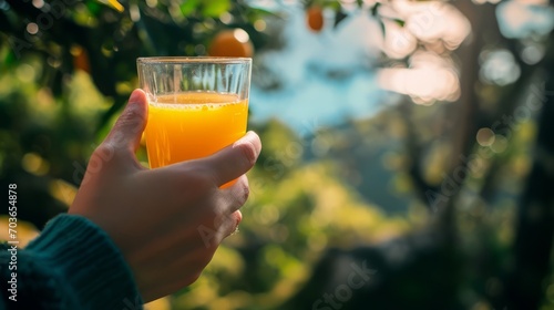 A woman hand holding a glass of orange juice first person view. Freshly orange juice rich in vitamin C for healthy life photo