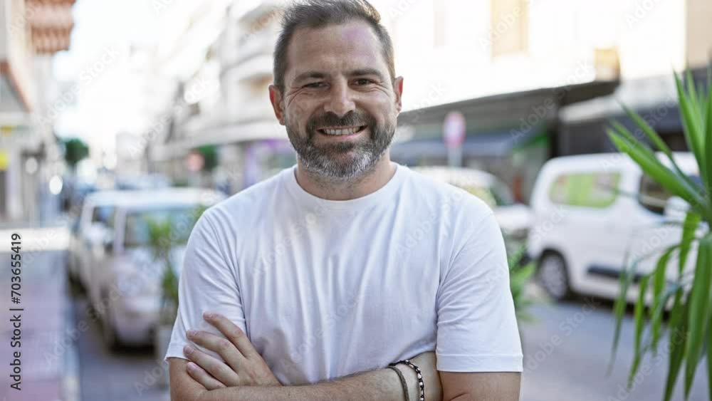 Portrait of a smiling man with a beard, standing on a city street with blurred vehicles and buildings in the background.