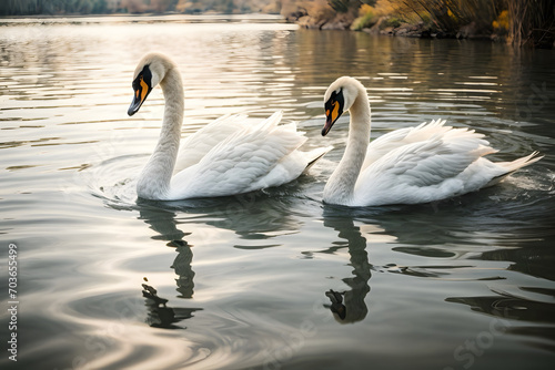 A couple of swans swimming elegantly in a pool