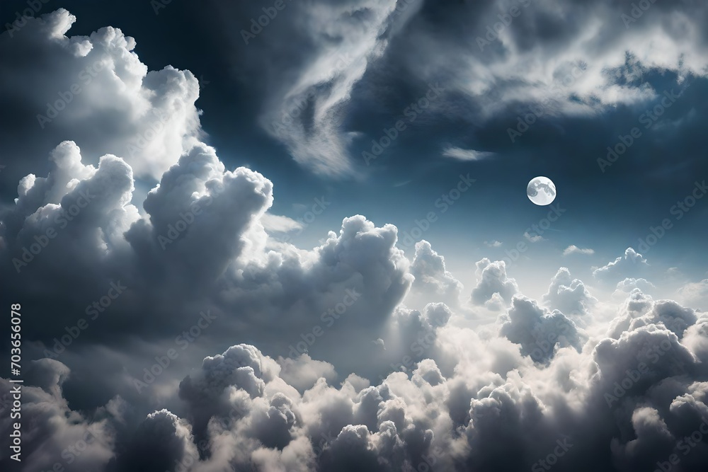 blue clouds in the dark white sky with heat lightning in the clouds with moon shinning on the top of the sky abstract background 