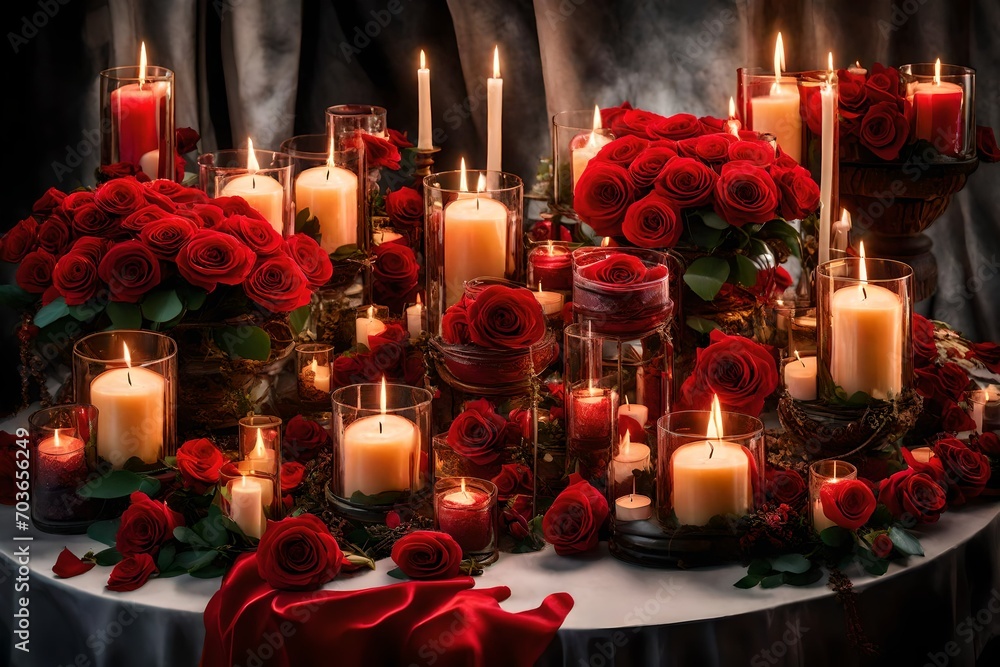 red candles with red flowers and fire burning in the candles with roses abstract background 