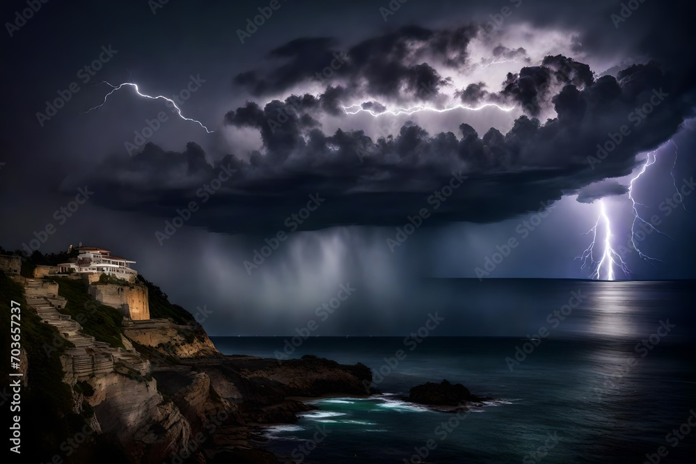 blue clouds in the dark white sky with heat lightning in the clouds with moon shinning on the top of the sky abstract background 