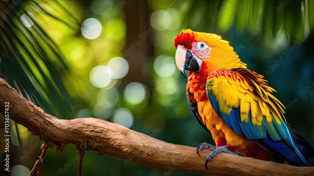 Colorful portrait of Amazon red macaw parrot against jungle. Wildlife and rainforest exotic tropical birds as popular pet breeds. Generative Ai