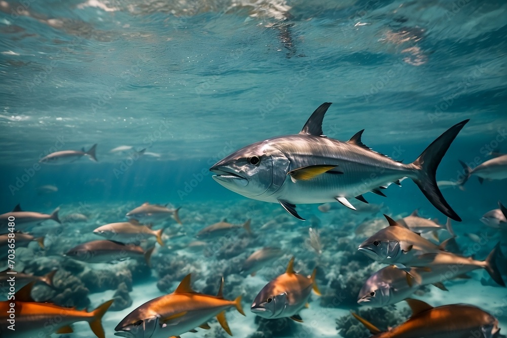Fototapeta premium Experience the exhilarating freedom of the ocean as you glide through the crystal clear waters, surrounded by a school of majestic tuna.Specially design for world tuna day.