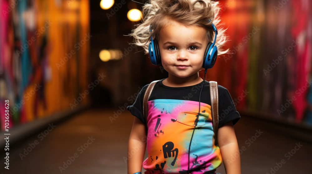 A toddler with tousled hair and vibrant headphones strides down a graffiti-lined corridor, embodying the cool urban culture of the 90s. The graphic tee adds a splash of street art flair. A toddler with tousled hair and vibrant headphones strides down a graffiti-lined corridor, embodying the cool urban culture of the 90s. The graphic tee adds a splash of street art flair.