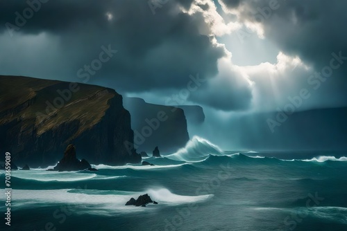 dramatic seascape with towering cliffs and crashing waves, as a beam of sunlight breaks through the storm clouds, creating a breathtaking display of nature's power 