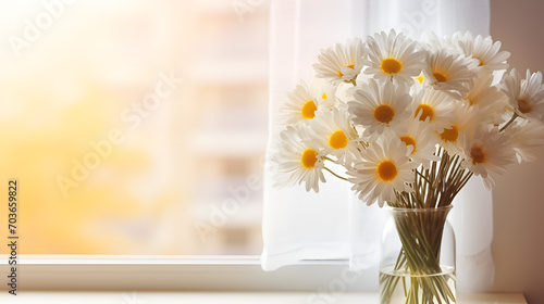 Chamomile flowers in white vase on window sill, generative ai
