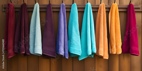Kitchen towels haning on rack, Plush Kitchen colorful towels hanging on rack.  photo