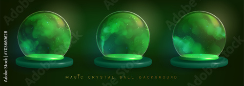 Set of magic crystal glass balls with flowing green smoke or steam inside. Vector illustration