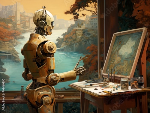 an image of a robot in an artist's studio, in the style of classical academic painting, light gold and teal, cinematic sets, richly detailed genre paintings, intel core, wojciech siudmak, eye-catching photo