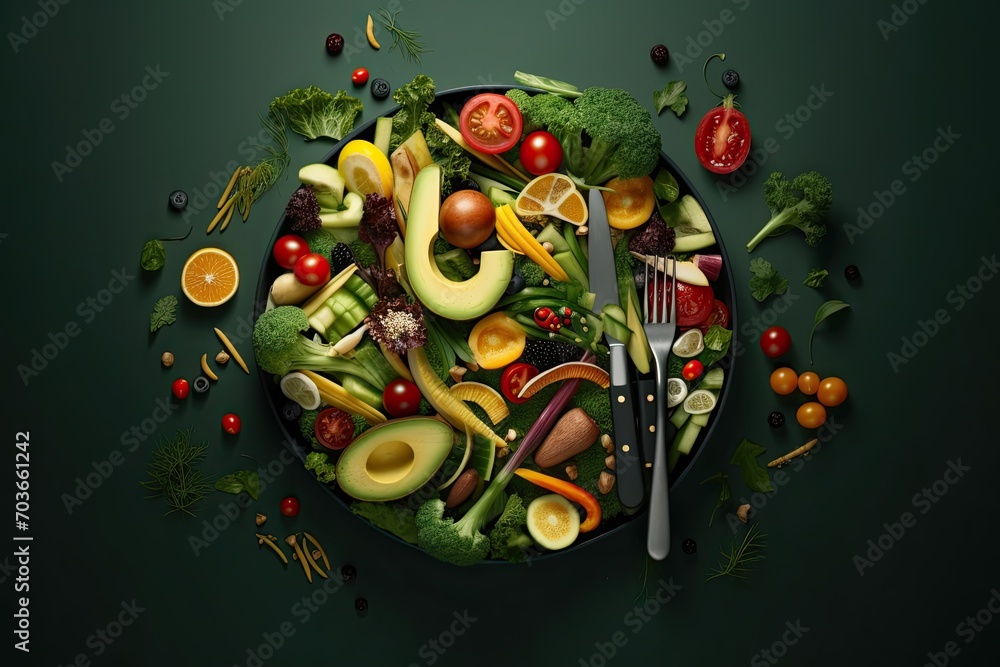 Multicolored, juicy vegetables and fruits on a table, healthy and wholesome food, abstract, Healthy Food Concept, Generative AI