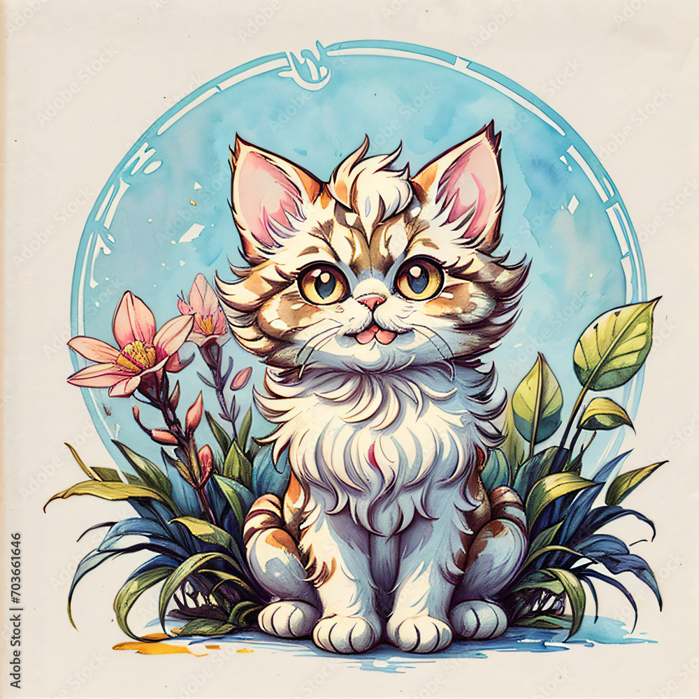 Cute Persian Cat in Watercolor Illustration