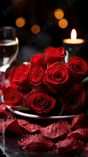 A candlelit dinner table with red roses white tablecloths  valentine   s Day  Valentines Date 