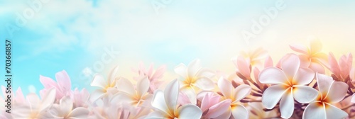 Panorama of blossoming Frangipani flower with color filter on soft pastel color in blur style for banner or cards background