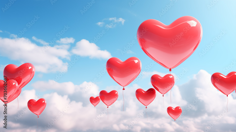 Red heart balloons for Valentine's Day on a blue sky background with copy space. Red heart balloons for Valentine's Day on a blue sky background with copy space.