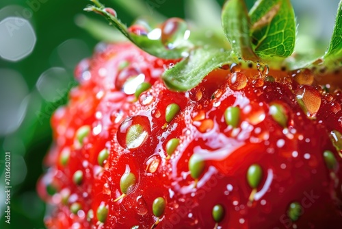 Close up of a juicy ripe strawberry with water droplets.