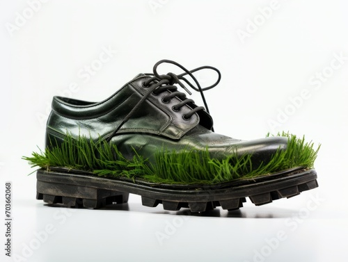 a green shoe filled with grass with white background, in the style of punk rock aesthetic, dark gray, chen zhen, high definition, nature-inspired, photo. photo