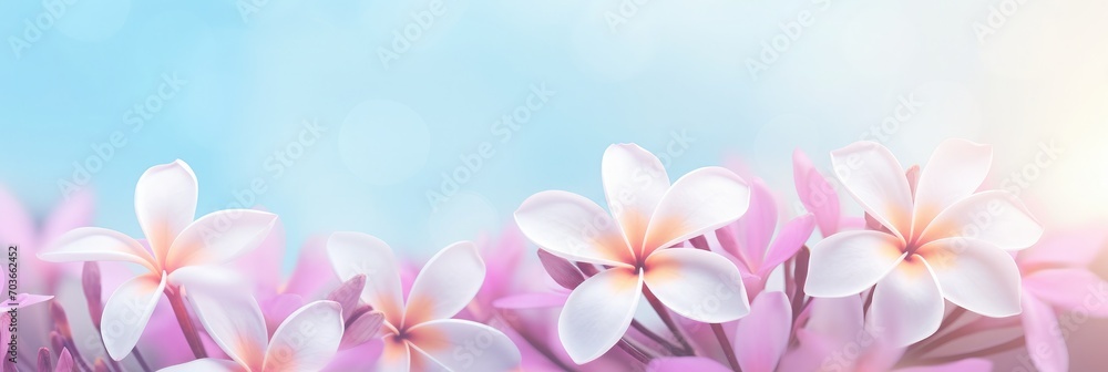 Panorama of blossoming Frangipani flower with color filter on soft pastel color in blur style for banner or cards background