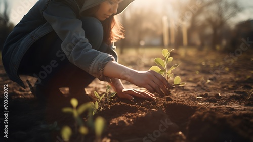 close up of a young woman is planting a small green plant in the garden. The background is a sunny garden. concept of spring and eco earth day
