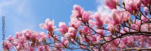 Pink Chinese or saucer magnolia flowers, Magnolia x soulangeana, against a blue sky Cambridge, Massachusetts. photo