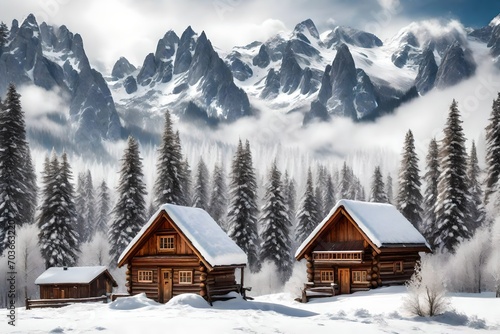 snow-covered alpine meadow with a charming wooden cabin, surrounded by frosted trees, against the backdrop of towering snow-capped peaks