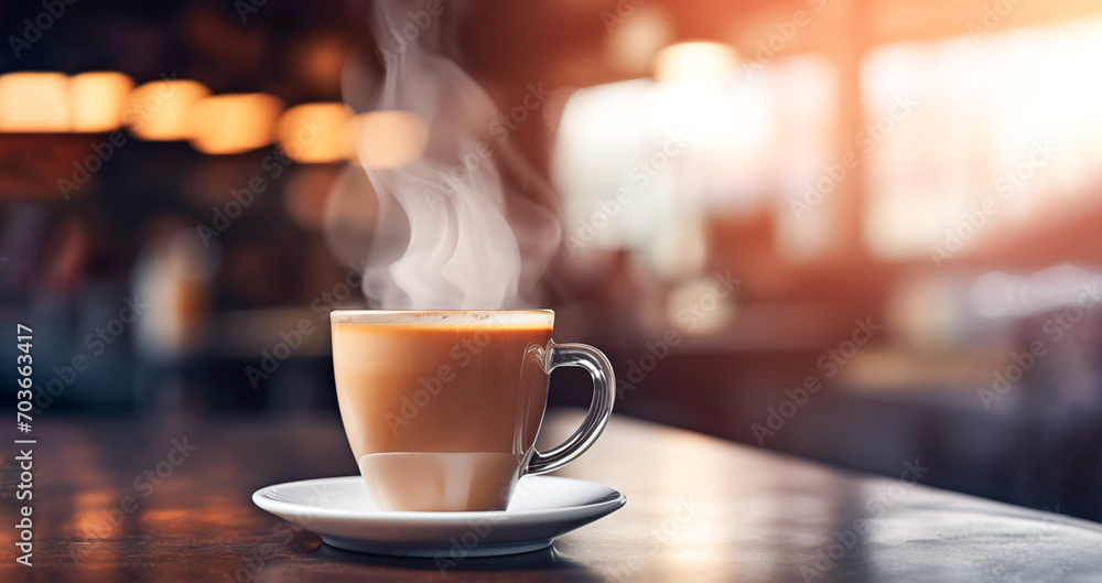 Coffee Delight: Steamy Cup of Cappuccino on Rustic Bar Counter at a Charming Cafe Coffee Delight: Steamy Cup of Cappuccino on Rustic Bar Counter at a Charming Cafe