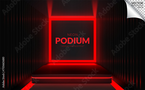 Square black podium with red neon Inside of the container background free space for products. Vector Illustration