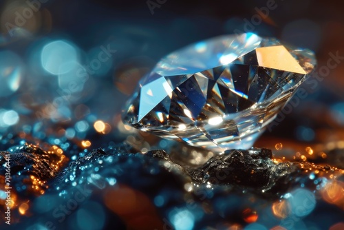 Close up of a sparkling diamond with intricate facets.
