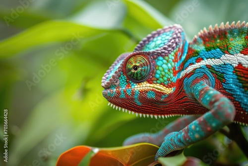 Close up of a vibrant chameleon blending with colorful foliage. © furyon