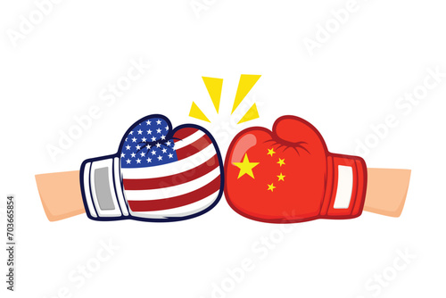 Two hands Boxing gloves flags of the United States and China on a white background. Concept of war between US and China. trade war illustration