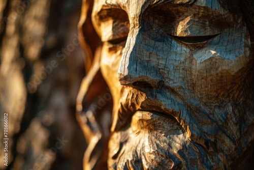 Close-up of a rustic wooden carving of Jesus Christ's face with emphasized natural wood grain. © furyon