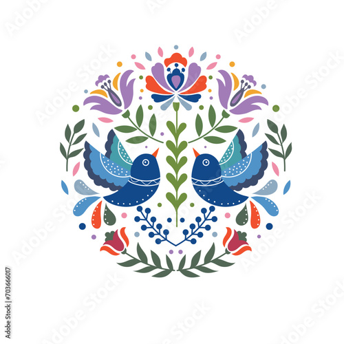 Scandianvian traditional folk art ornament vector design with flowers and birds