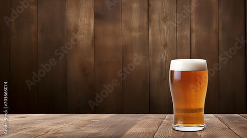 A glass of beer on wooden background with copy space, generative ai