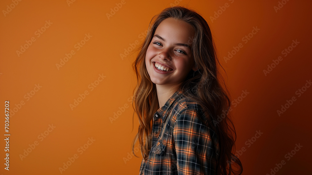Fototapeta premium Joyful Girl Smiling Against Yellow Backdrop