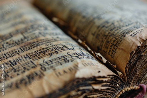 Macro shot of a vintage hymn book page, highlighting the aged paper and traditional hymn lyrics photo