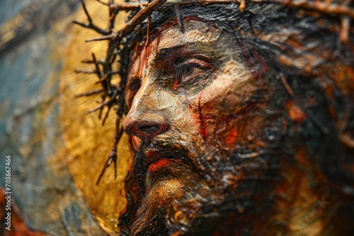 Macro shot of a vintage painting depicting Jesus Christ with a crown of thorns, focusing on the facial expression.