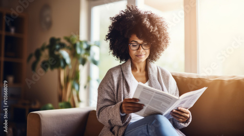 Black afro American woman enjoying a quiet morning routine at home, dressed in casual attire, she sips on a cup of coffee, reads the newspaper before heading to the office photo