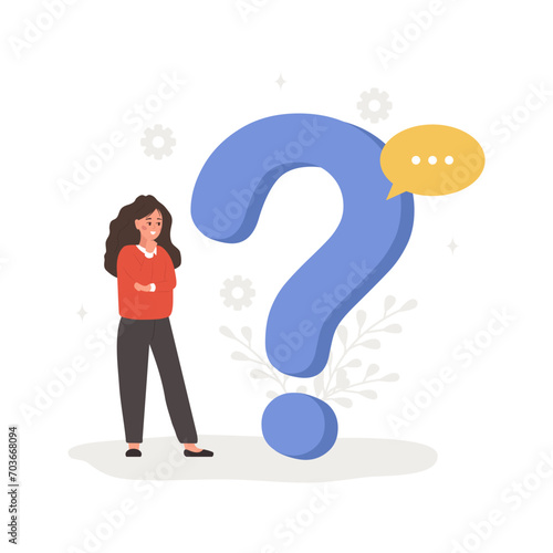 Frequently asked questions concept. Woman with large question mark search for answers. Customer support and online help service. FAQ and guides. Vector illustration in flat cartoon style.