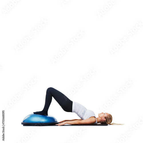 Woman, lying and workout on bosu ball for exercise, training or abs on a white studio background. Active female person on half round object for pilates, practice or strong core on mockup space