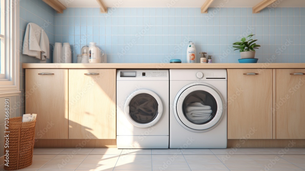 Generative AI A contemporary laundry room with ample cabinet space, a front-loading washer, and dryer set against a tiled backsplash. Generative AI A contemporary laundry room with ample cabinet space, a front-loading washer, and dryer set against a tiled backsplash.