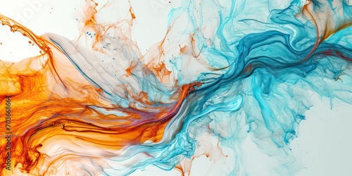 Abstract Fluid Texture Orange and Bright Blue on paint light gray Background.