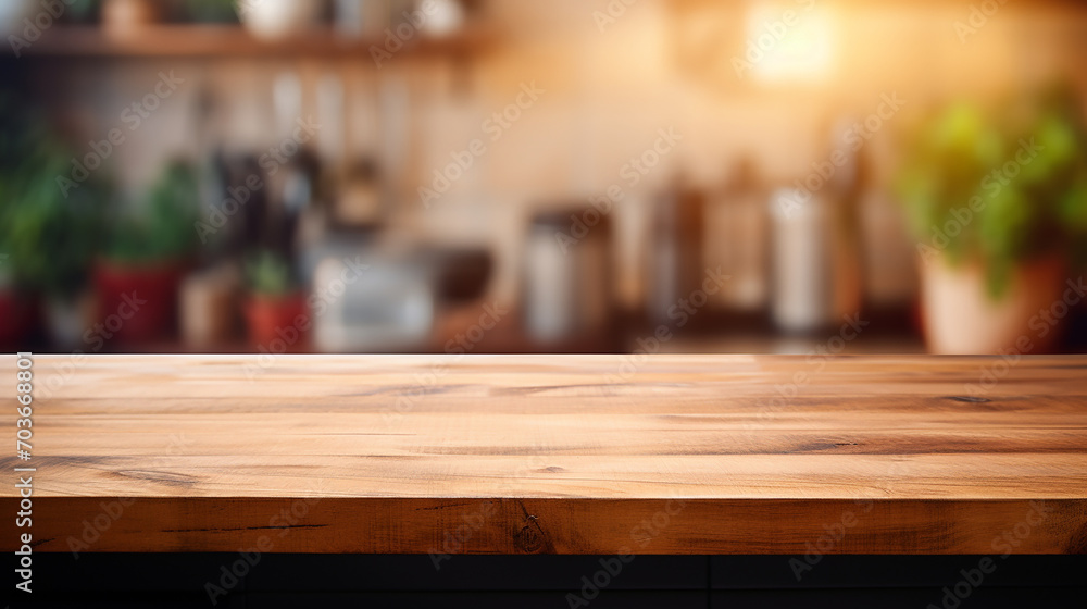 empty table top over defocused kitchen with copy space