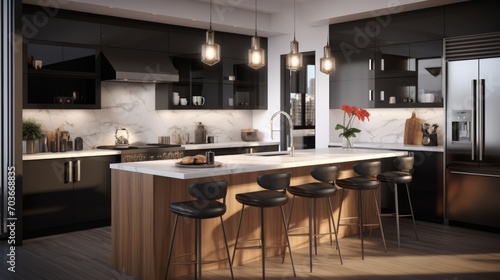 Generative AI A photorealistic portrayal of a contemporary kitchen with high-gloss cabinets, quartz countertops, and ambient lighting. © vadosloginov