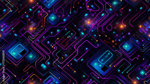 Seamless pattern background with a futuristic cyberpunk vibe. Neon lights, circuitry patterns, and futuristic elements blend together, creating a dynamic and edgy pattern