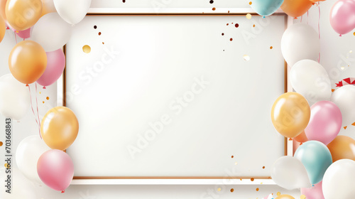 Empty frame with copy space for birthday card illustration or festive events with colorful balloons around the frame
