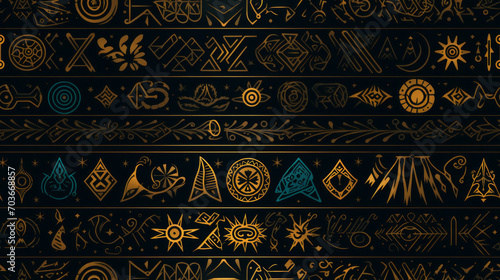 Seamless pattern illustration background featuring mystical runes and symbols. Ancient symbols and sigils intertwine, forming a mysterious and enchanting pattern that evokes a sense of magic