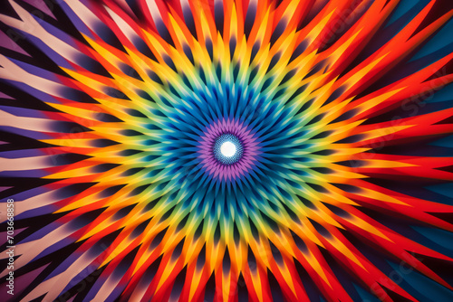 Optical illusion illustration of whirling motion created by brightly dynamic-colored spiraling spiky sharp edged square moire pattern