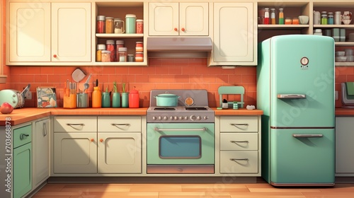 Generative AI A photorealistic illustration of a retro-style kitchen with vintage appliances, tiled backsplash, and vibrant colors